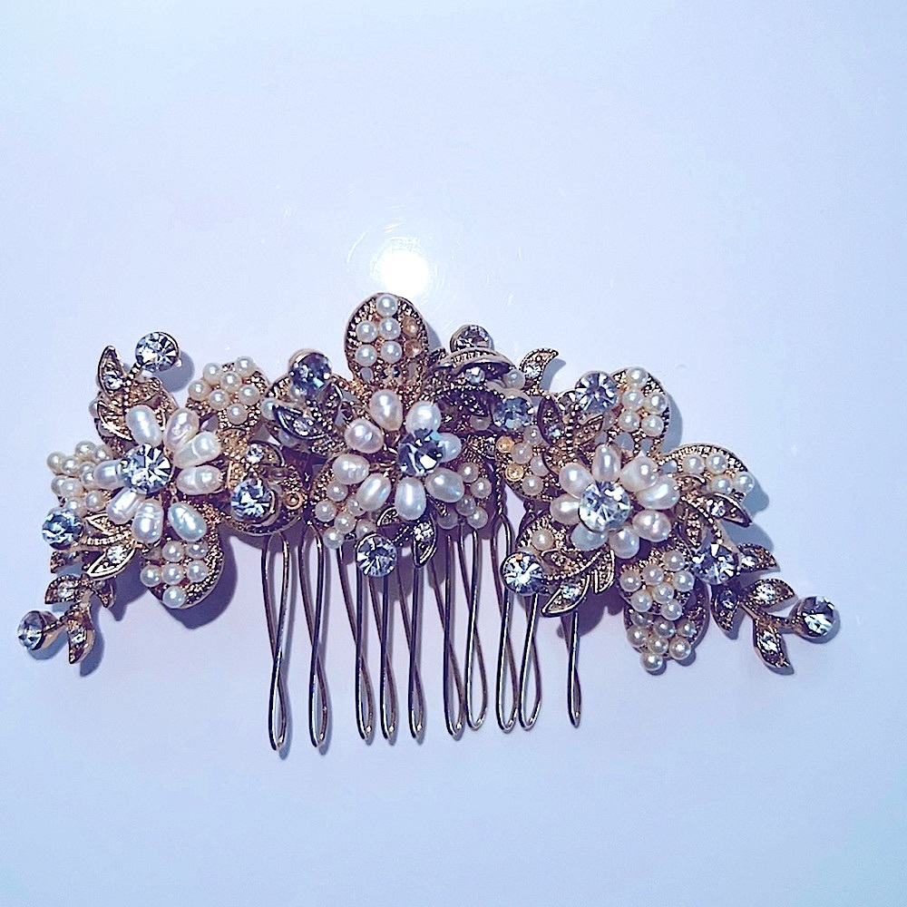Gold bridal Hair piece with rhinestones and pearls